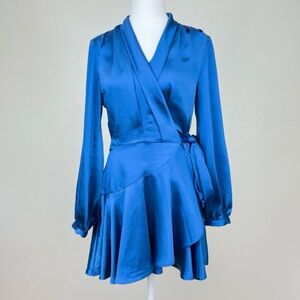 Lucy Paris Surplice V-Neck Long Sleeve Tie Waist Satin Ruffled Wrap Dress S